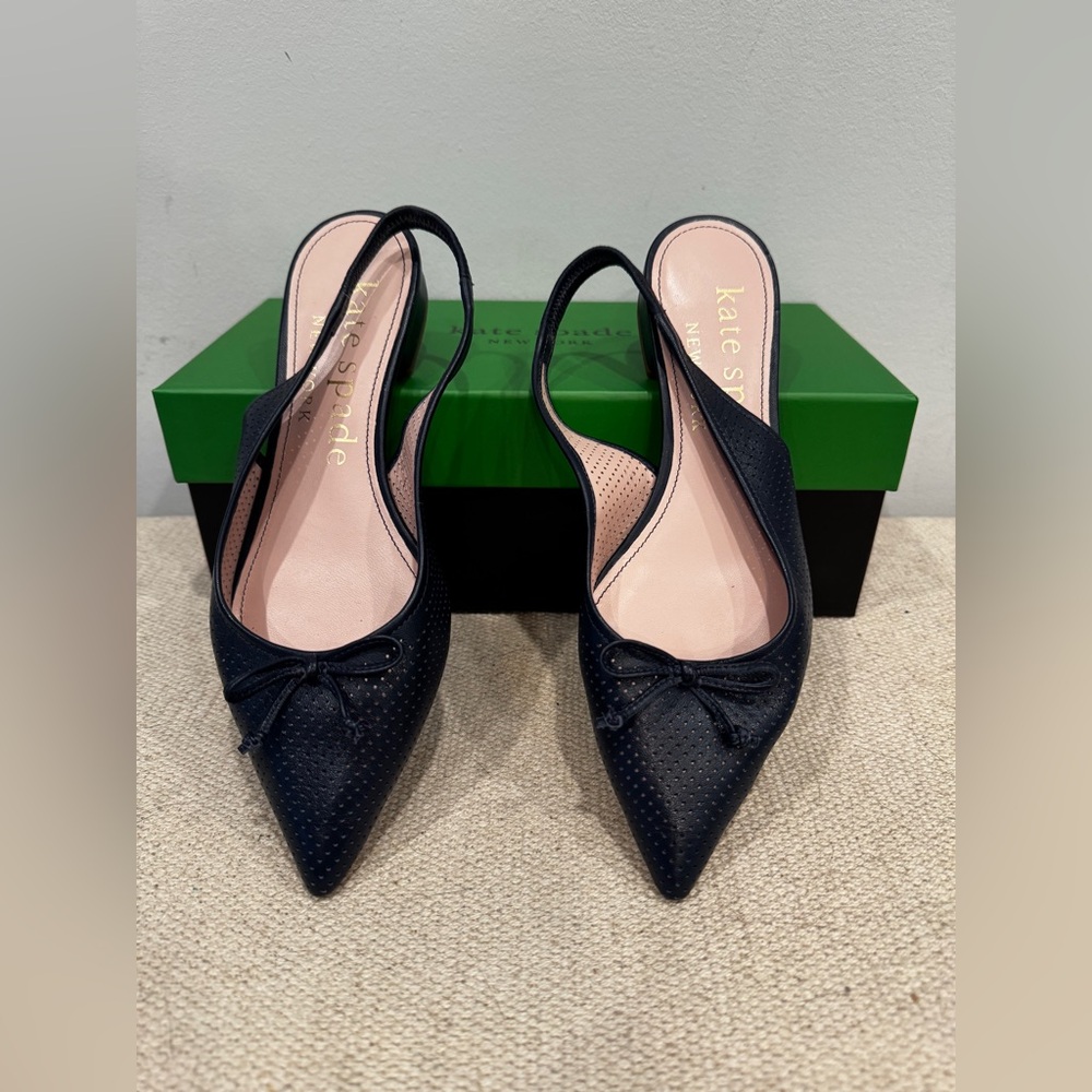 Kate Spade Navy Blue Perforated Flats with Bow - Picture 2 of 5